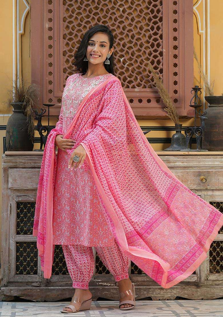 Pink Embroidered Cotton Straight Kurta Set - Indya