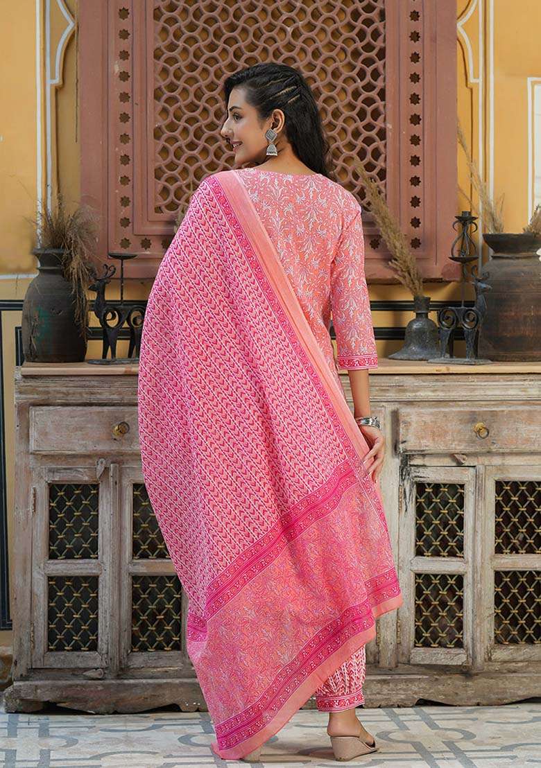 Pink Embroidered Cotton Straight Kurta Set - Indya