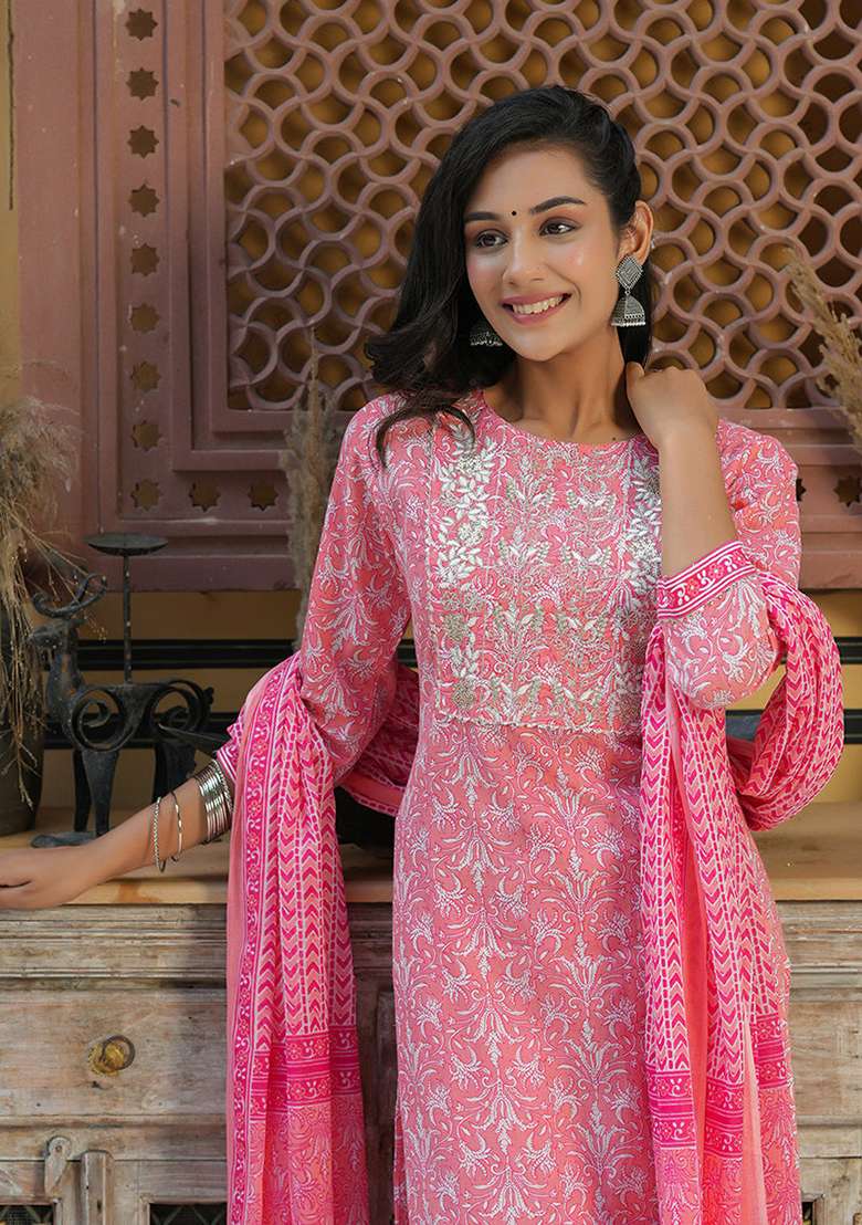 Pink Embroidered Cotton Straight Kurta Set - Indya