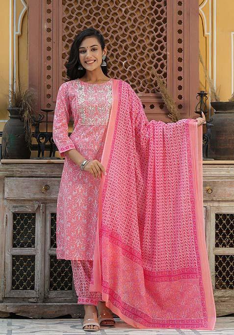 Pink Embroidered Cotton Kurta Set