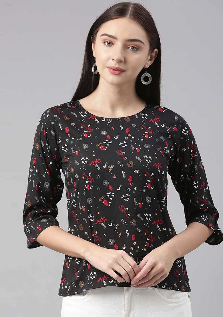 Black Printed Crepe Top - Indya