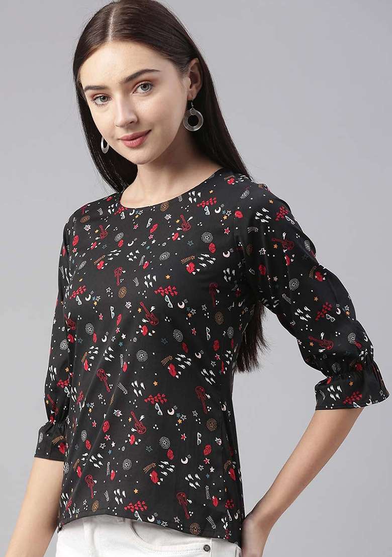 Black Printed Crepe Top - Indya