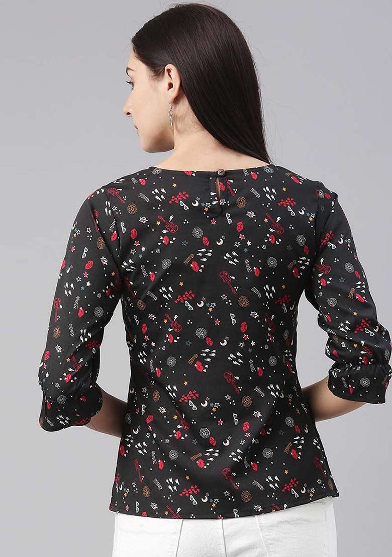 Black Printed Crepe Top - Indya