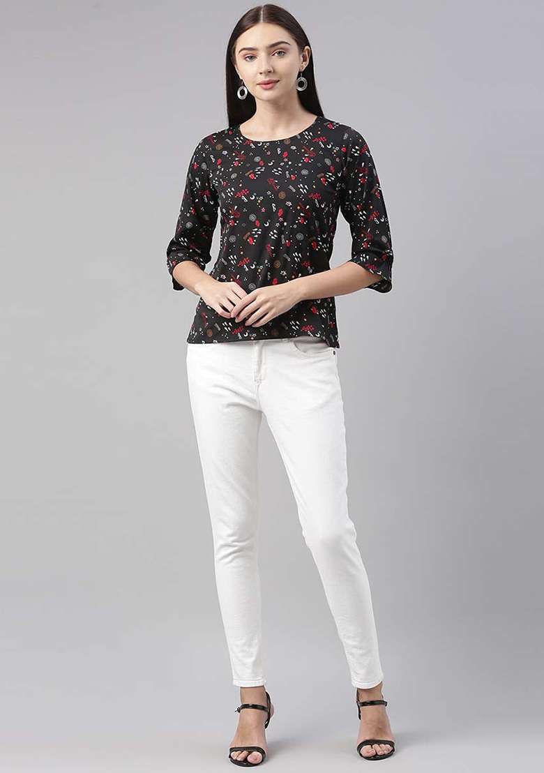 Black Printed Crepe Top - Indya