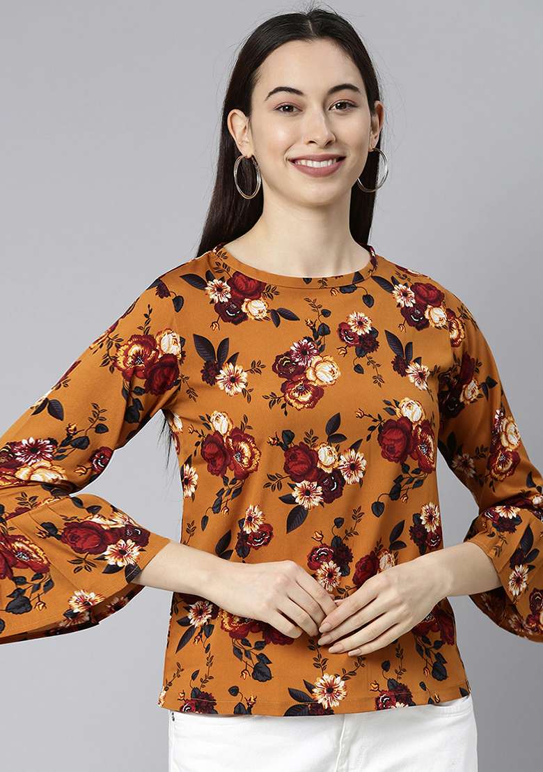 Copper Floral Print Georgette Kurta - Indya