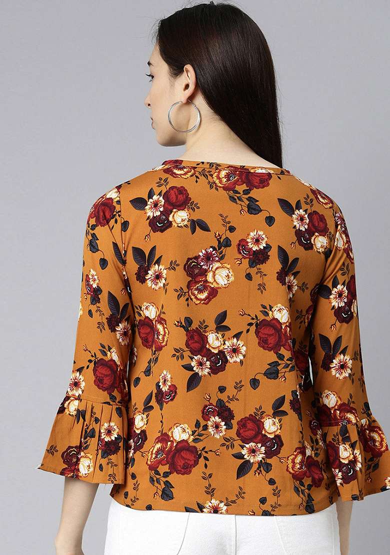 Copper Floral Print Georgette Kurta - Indya