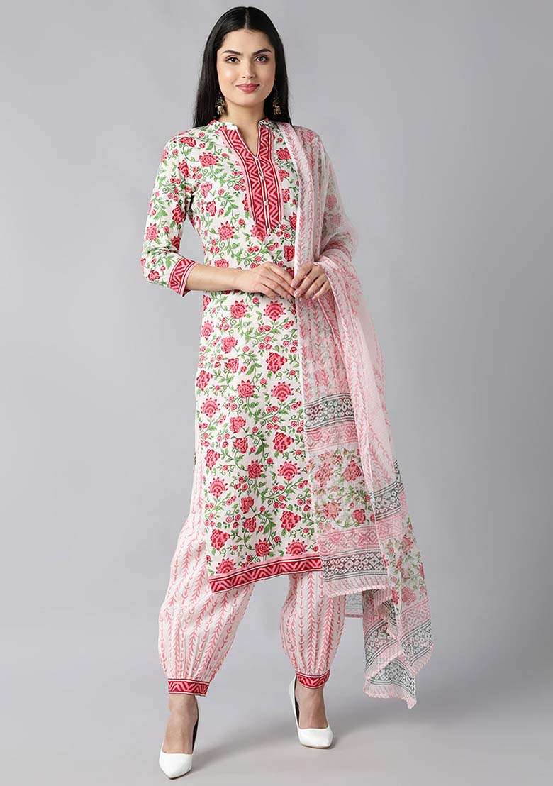 White Floral Print Cotton Straight Kurta Set - Indya