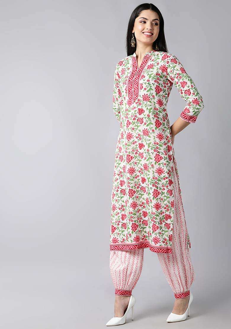 White Floral Print Cotton Straight Kurta Set - Indya