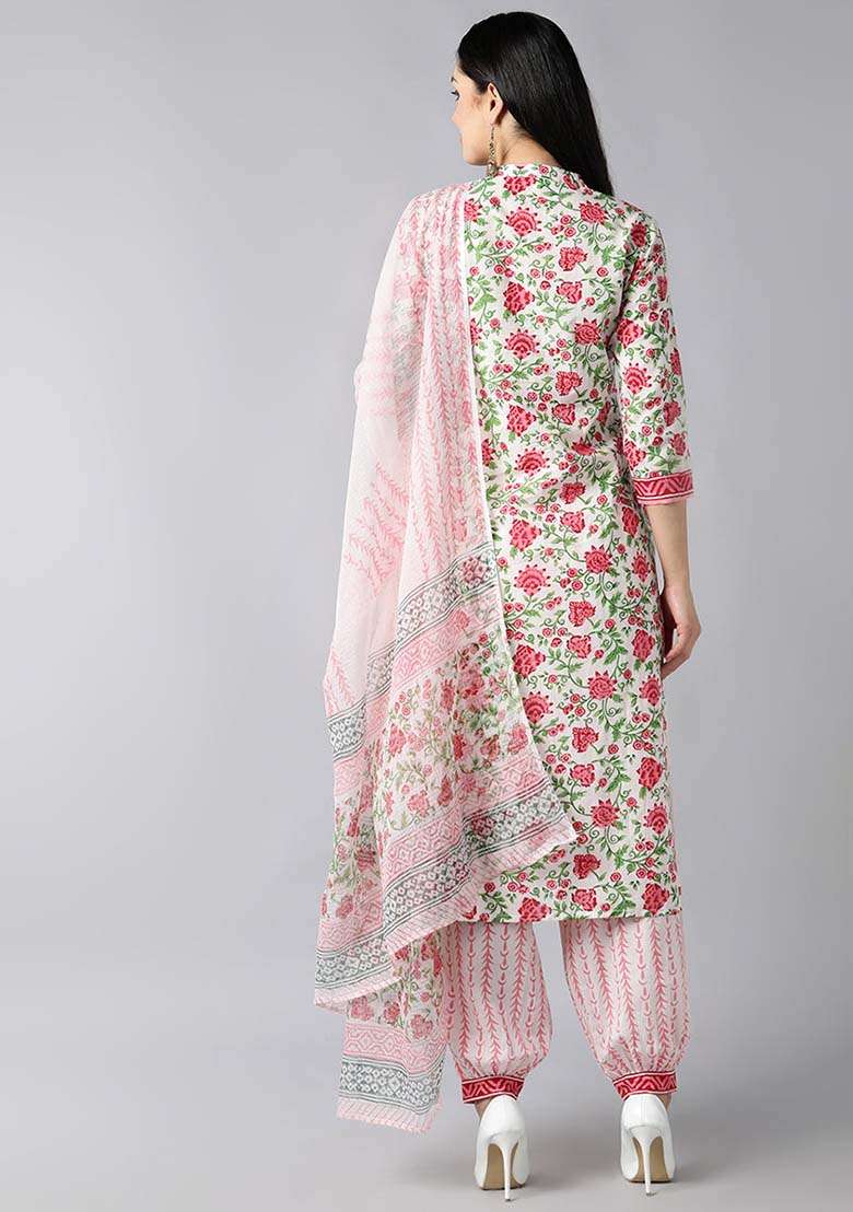White Floral Print Cotton Straight Kurta Set - Indya