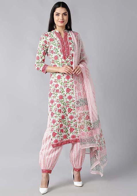 White Printed Cotton Kurta Set