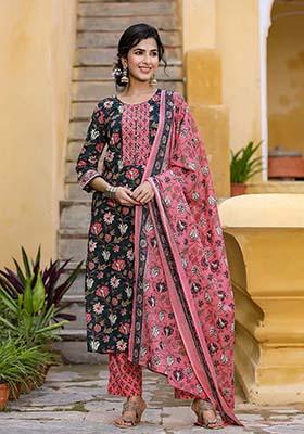 Teal Printed Rayon Blend Kurta Set