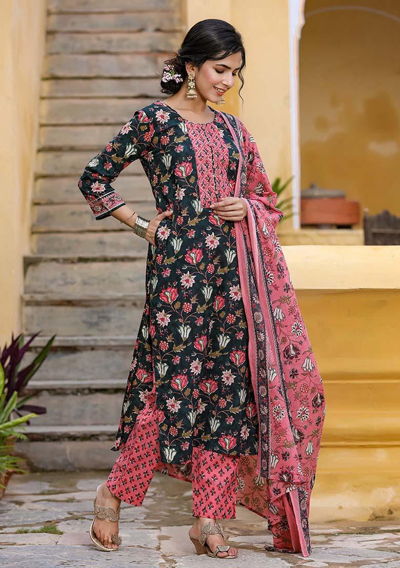 Teal Printed Rayon Blend Kurta Set