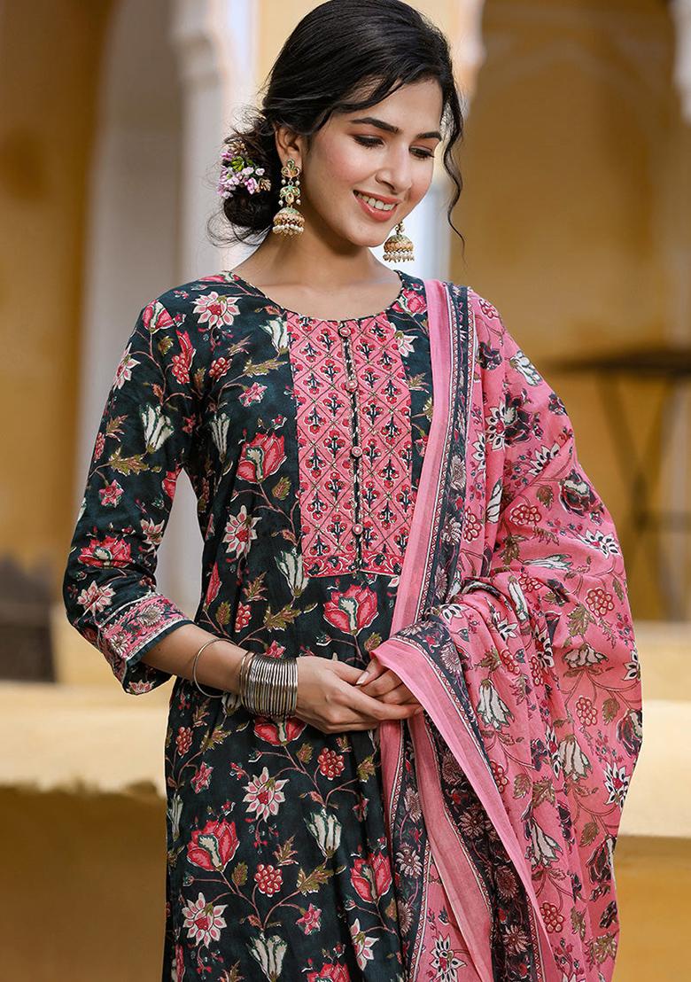 Teal Printed Rayon Blend Kurta Set