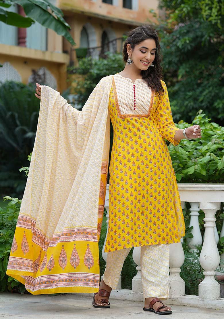 Yellow Printed Rayon Blend Kurta Set