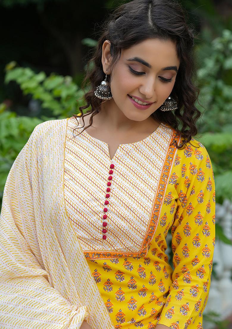 Yellow Printed Rayon Blend Kurta Set