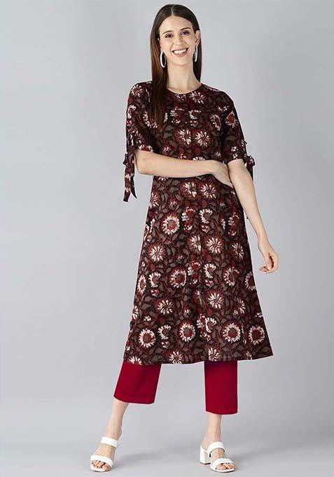 Brown Printed Cotton Kurta