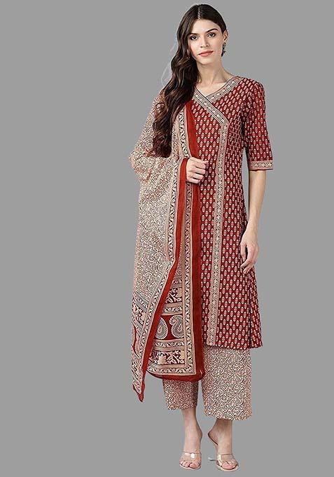 Maroon Printed Cotton Kurta Set