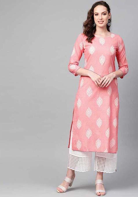 Pink Printed Cotton Kurta