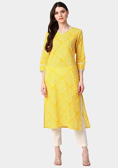 Yellow Printed Cotton Kurta