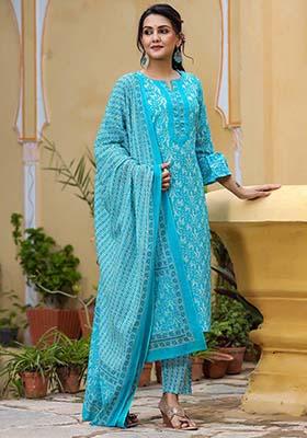 Blue Printed Cotton Kurta Set