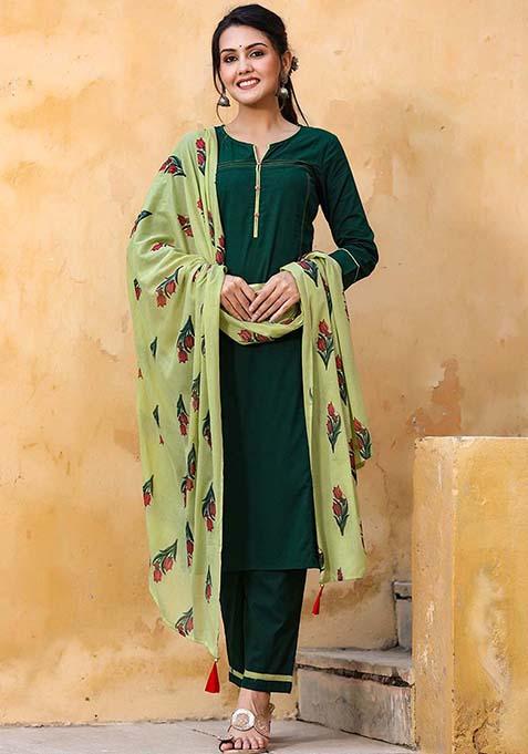 Green Printed Cotton Kurta Set