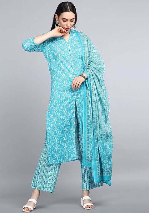 Turquoise Blue Printed Cotton Kurta Set