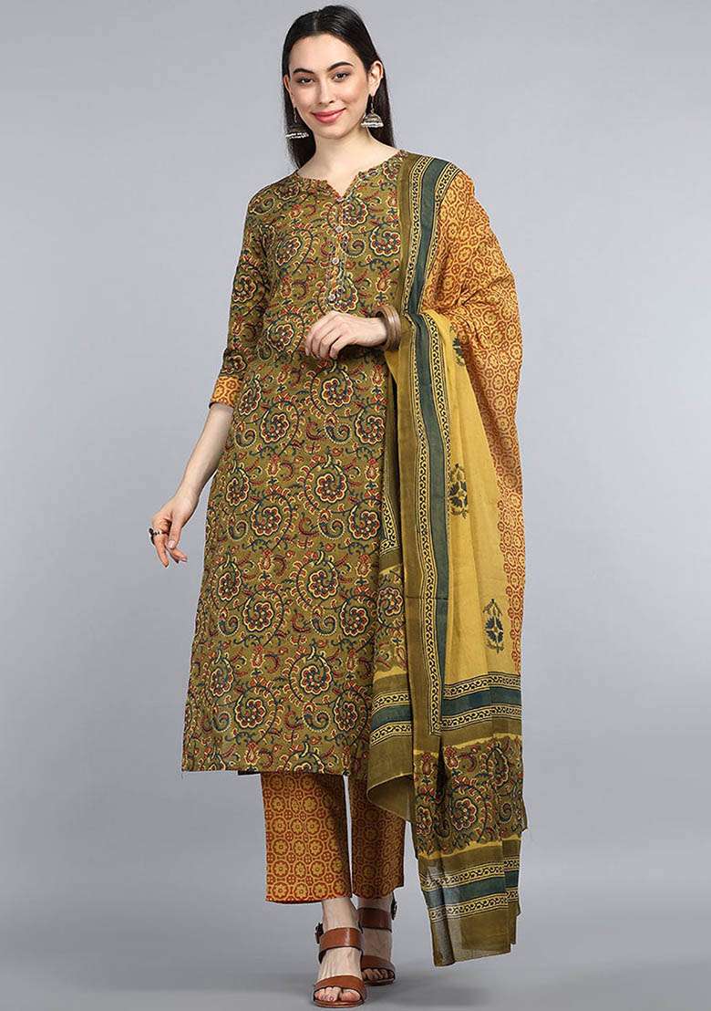 Green Printed Cotton Straight Kurta Set - Indya