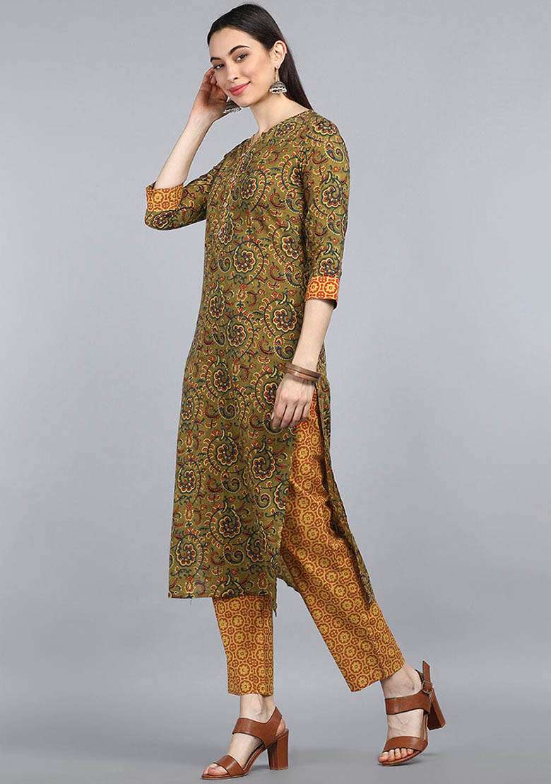 Green Printed Cotton Straight Kurta Set - Indya