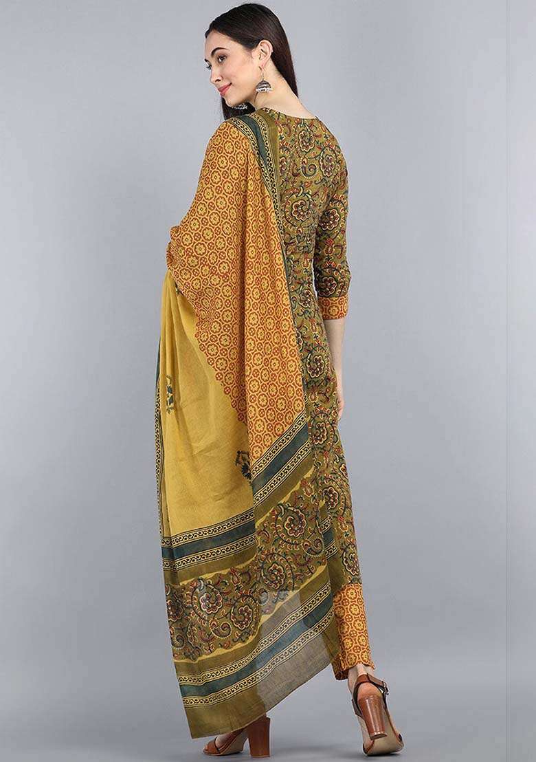 Green Printed Cotton Straight Kurta Set - Indya