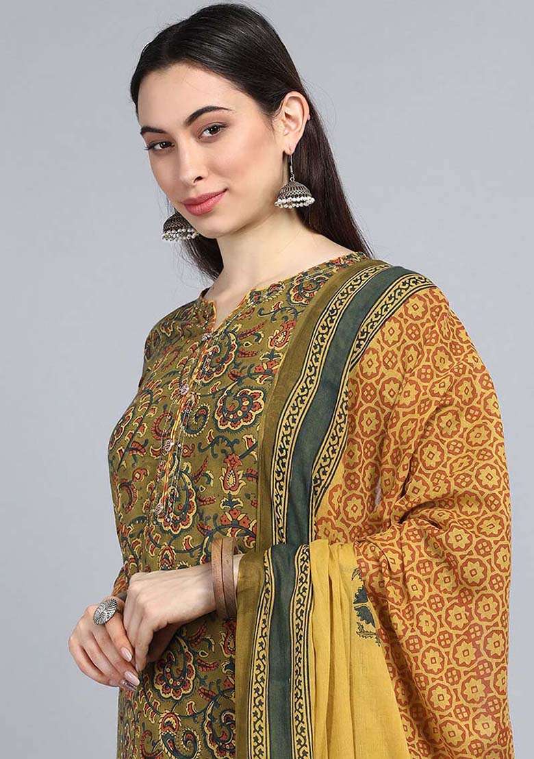 Green Printed Cotton Straight Kurta Set - Indya