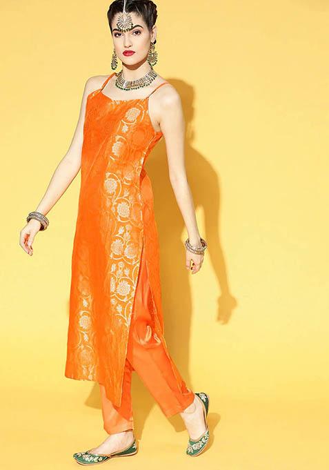 Orange Printed Cotton Kurta Set