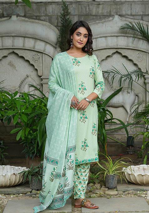 Green Embroidered Cotton Kurta Set