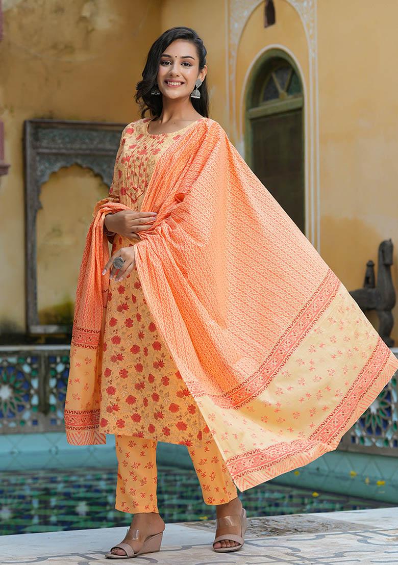 Orange Printed Cotton Kurta Set