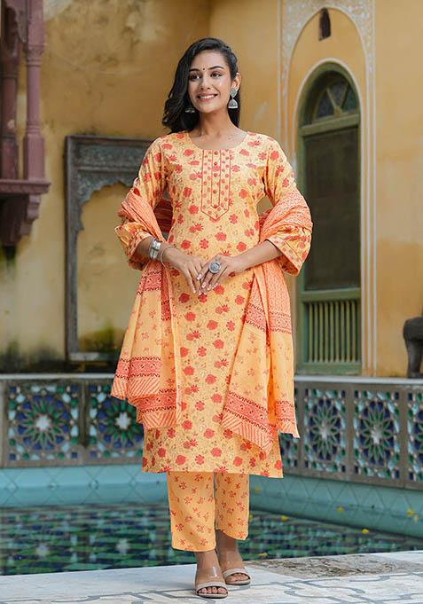 Orange Printed Cotton Kurta Set