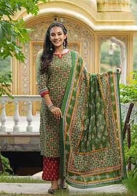 Green Printed Cotton Kurta Set