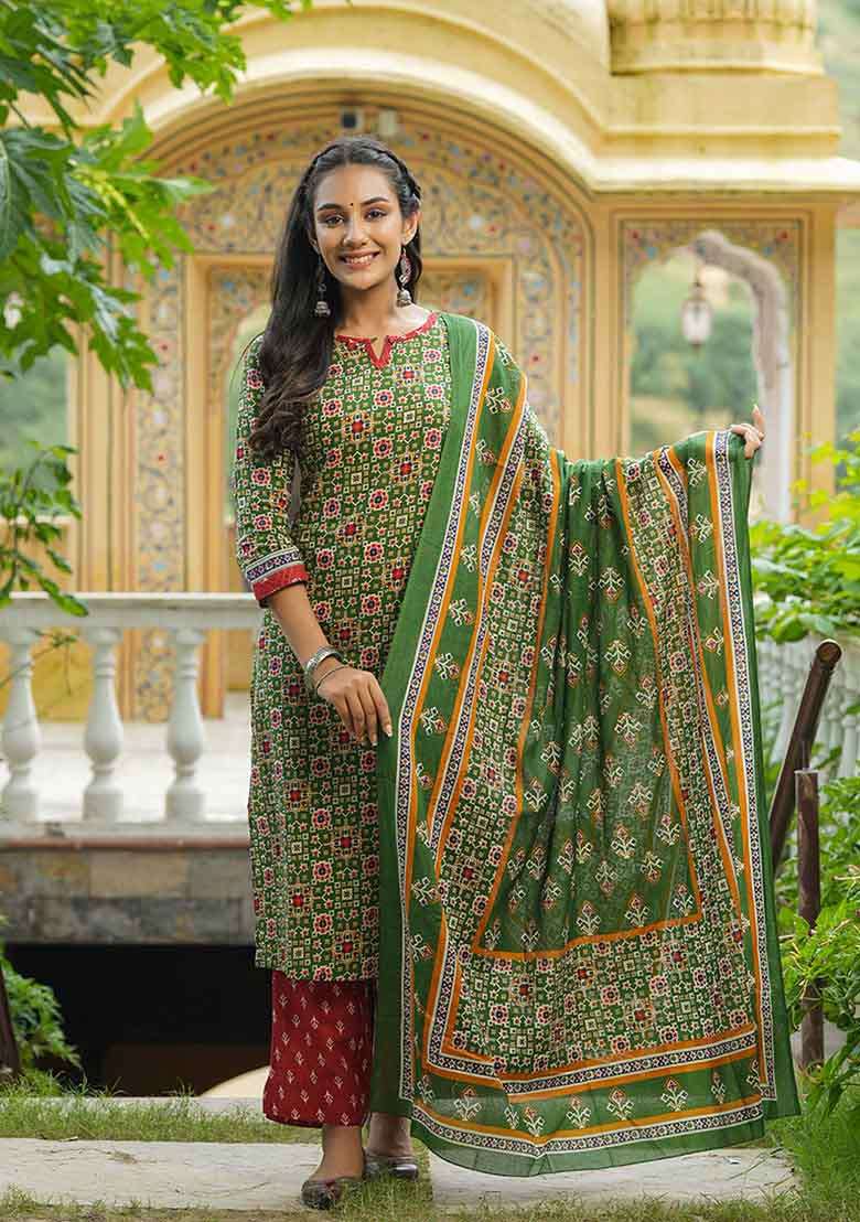 Green Printed Cotton Straight Kurta Set - Indya