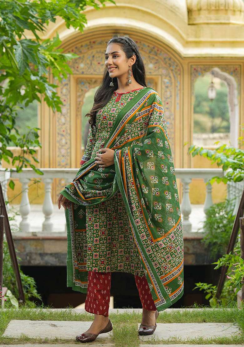 Green Printed Cotton Straight Kurta Set - Indya