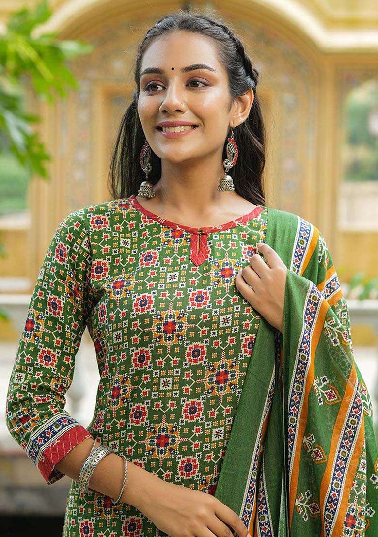 Green Printed Cotton Straight Kurta Set - Indya