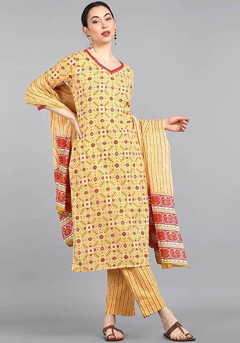 Yellow Printed Cotton Kurta Set