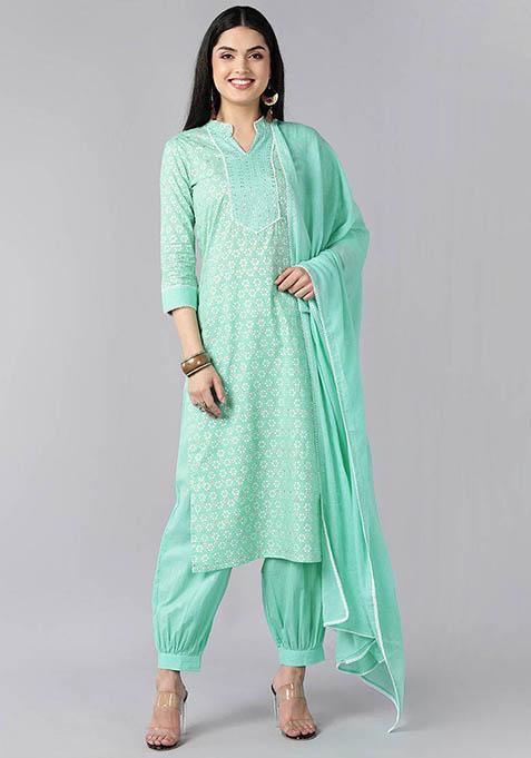 Sea Green Printed Cotton Kurta Set