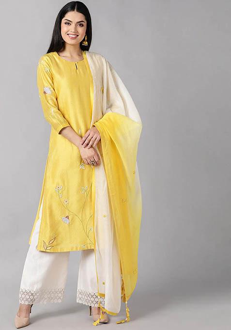 Yellow Embroidered Silk Blend Kurta Set