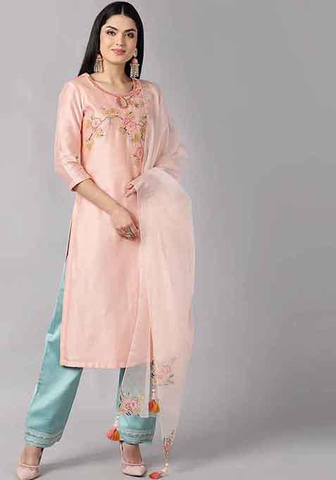 Peach Embroidered Poly Silk Kurta Set