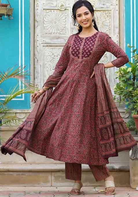Maroon Printed Rayon Blend Kurta Set