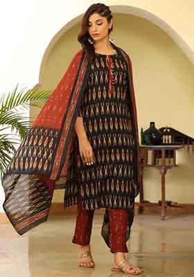 Black Printed Rayon Kurta Set