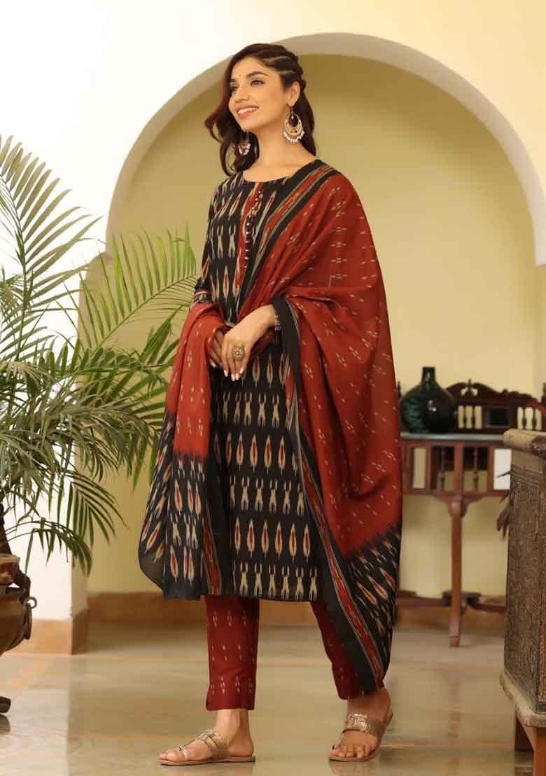 Black Printed Rayon Kurta Set
