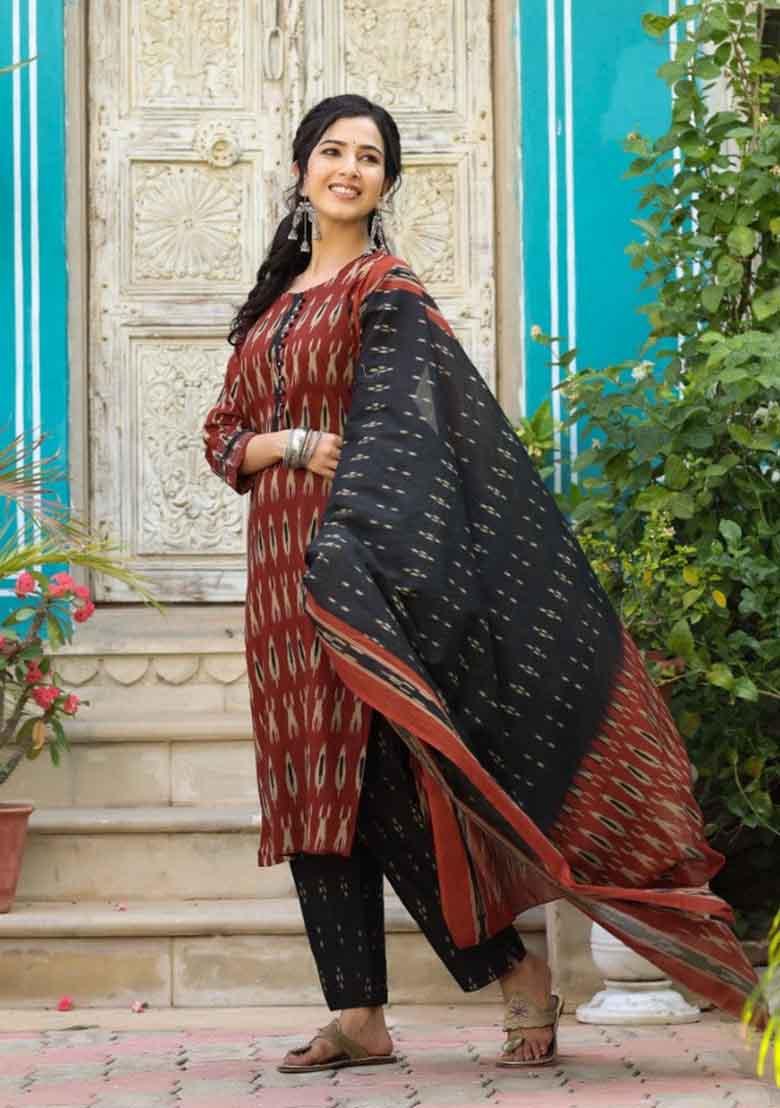 Red Printed Rayon Blend Kurta Set