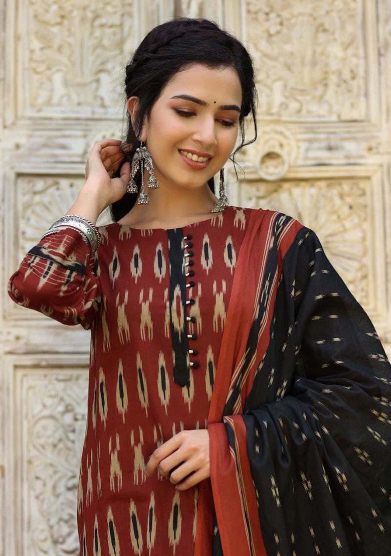 Red Printed Rayon Blend Kurta Set