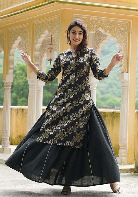 Black Printed Cotton Kurta Set