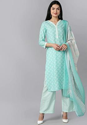 Sea Green Printed Polyester Kurta Set