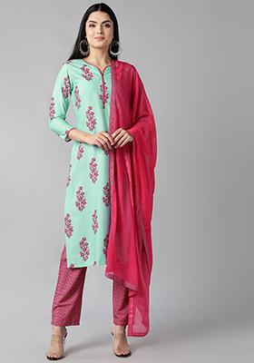 Sea Green Printed Polyester Kurta Set